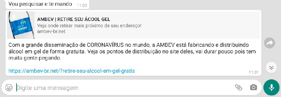 É #FAKE mensagem que diz que Ambev está distribuindo álcool gel grátis para  a população - Fato ou Fake - Extra Online