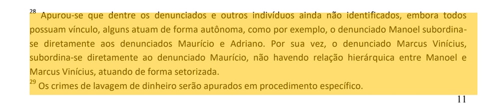 Item 29 revela que o crime de lavagem de dinheiro está sendo apurado em procedimento específico no inquérito da rachadinha do então deputado Flávio Bolsonaro