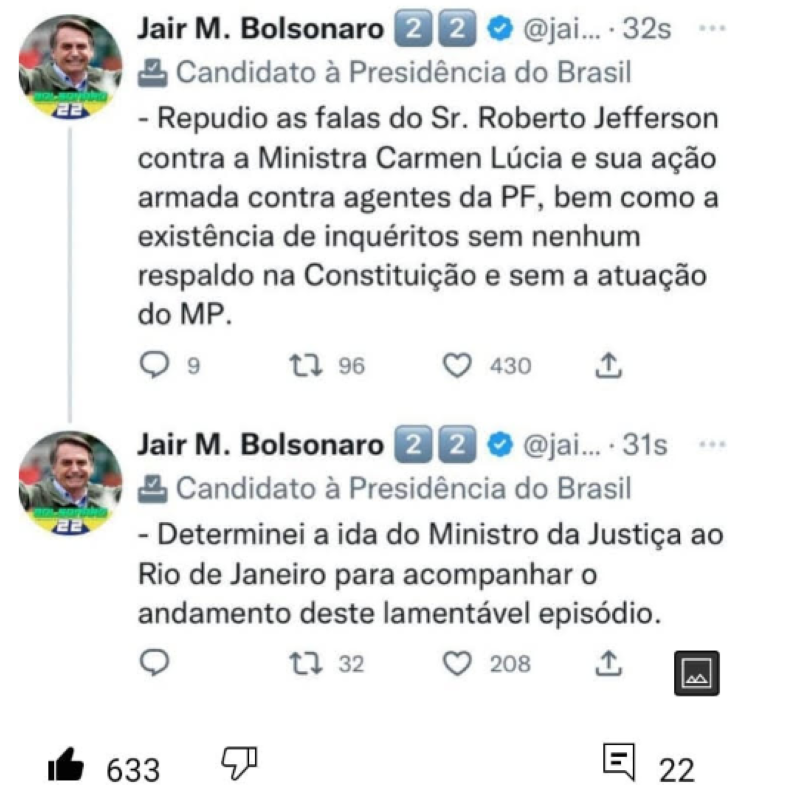 Jair Bolsonaro manifesta-se publicamente acerca das agressões de Roberto Jefferson à ministra Cármen Lúcia e à PF