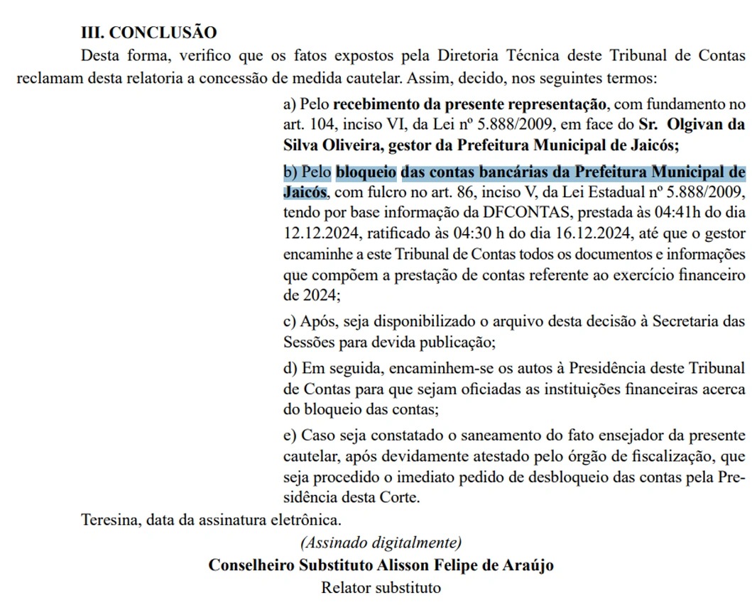 Prefeitura de Jaicós tem contas bloqueadas pelo TCE-PI por irregularidades em 2024