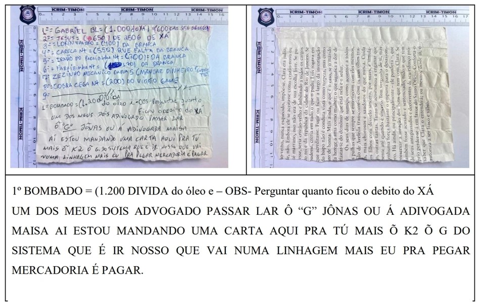 Transcrição da carta em que um dos detentos cita os advogados Jonas e Maysa