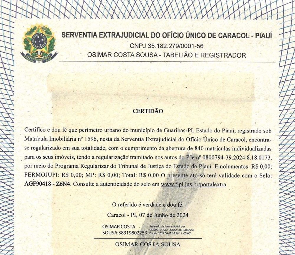 Guaribas é o primeiro município do país com 100% de imóveis regularizados
