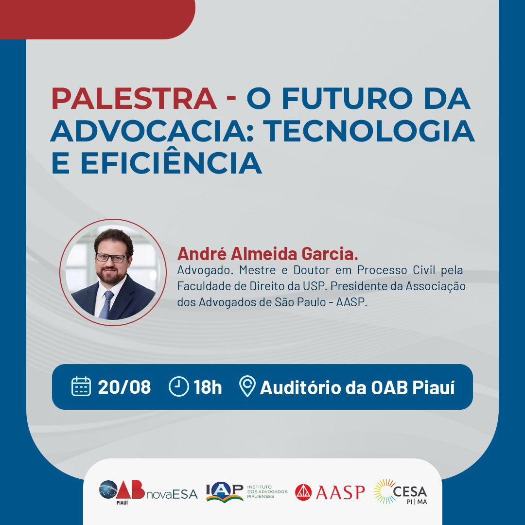 Banner da palestra sobre “O Futuro da Advocacia: Tecnologia e Eficiência”