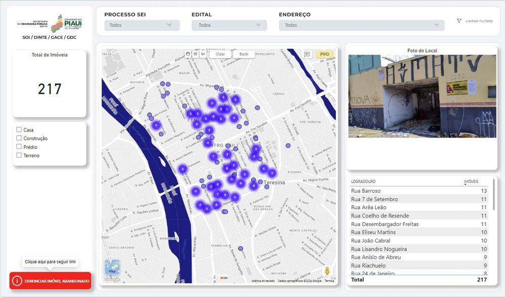 Secretaria da Segurança divulga painel de imóveis abandonados no Centro de Teresina