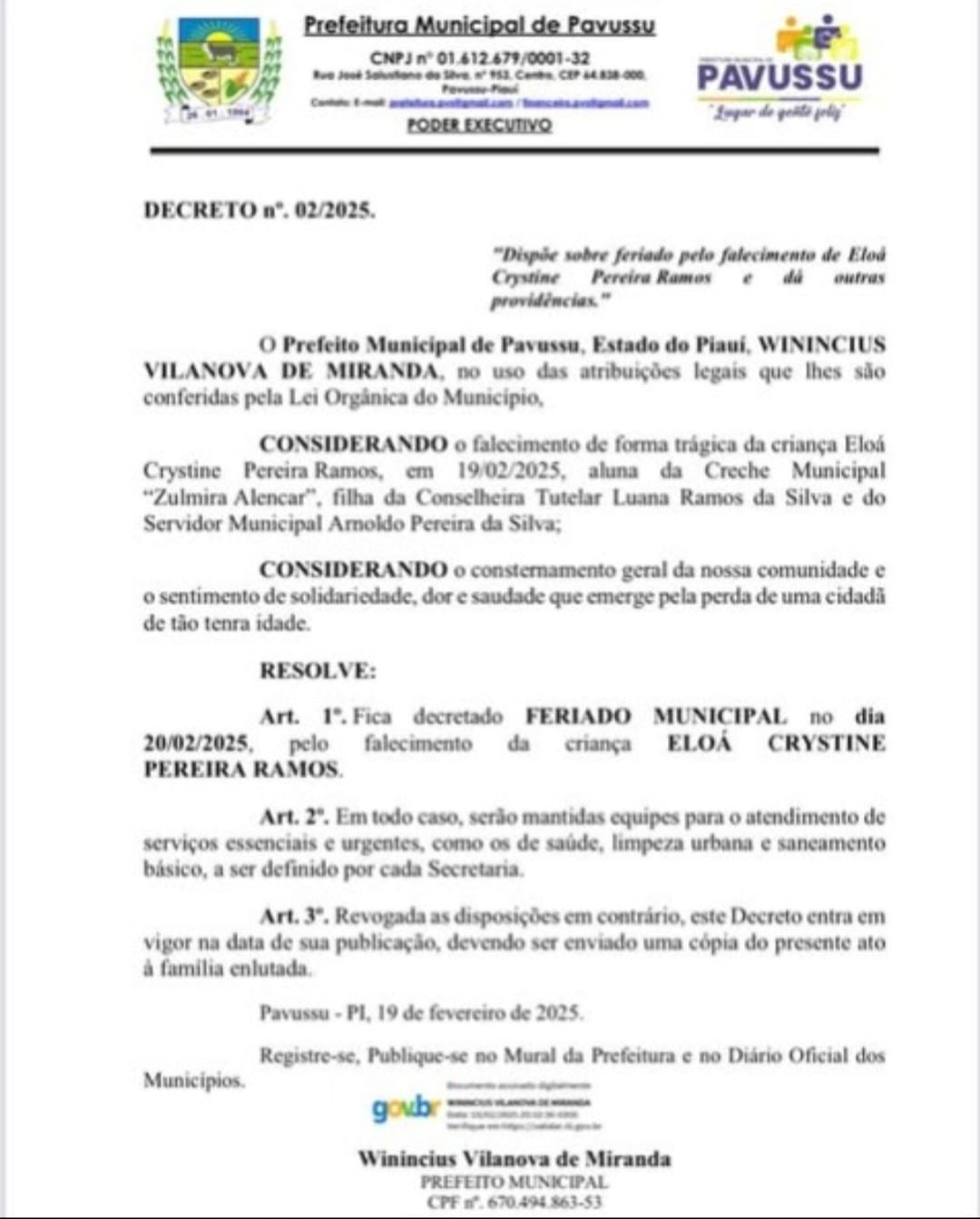 Decreto da Prefeitura de Pavussú