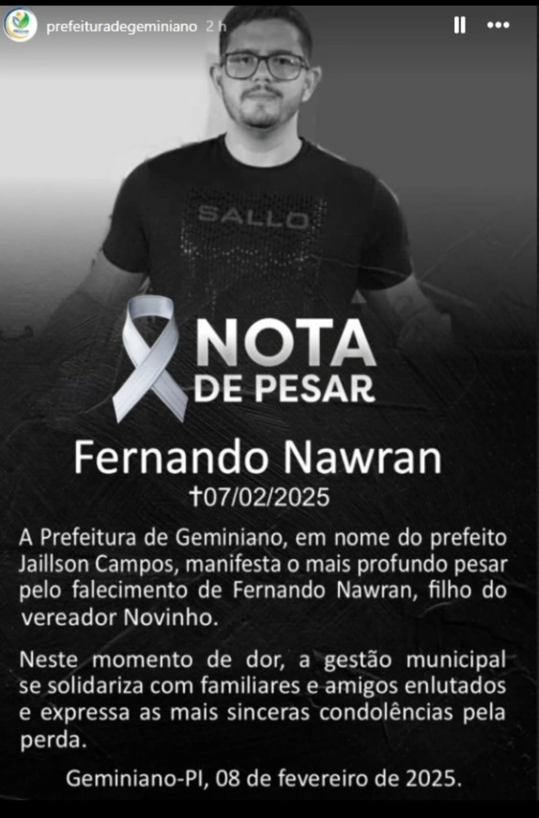 Prefeitura de Geminiano lamentou falecimento de Fernando Nawran